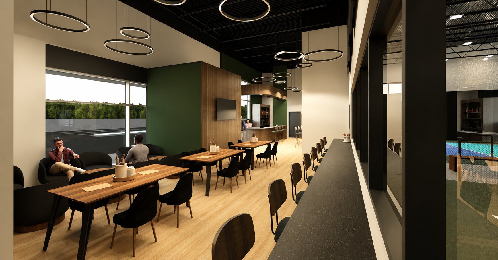 L'espace restaurant-bar de Pro Pickleball : tables en bois, lounge et vue sur les terrains